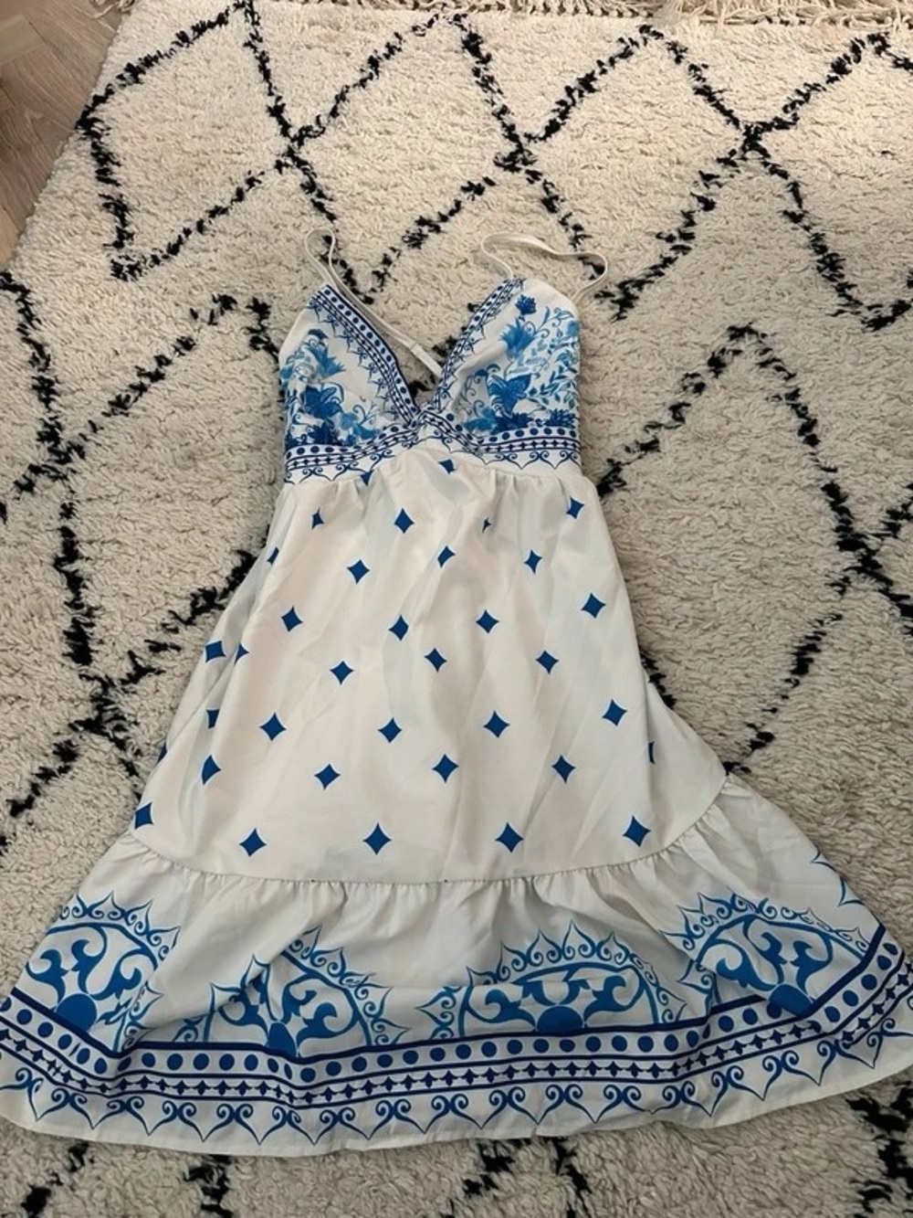 White Maxi Dress with Blue Tile-Print and Spaghetti Straps